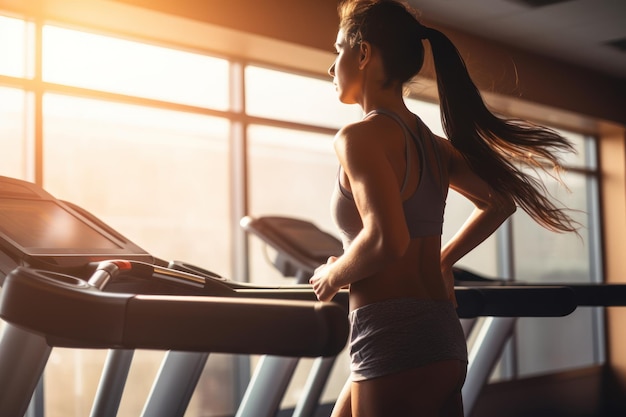 Woman jogging on the exercise machines in the gym Generative Ai