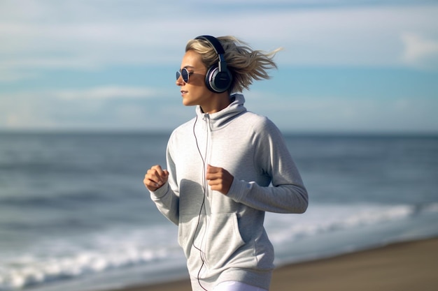 woman jogging while listening music at beach against sky