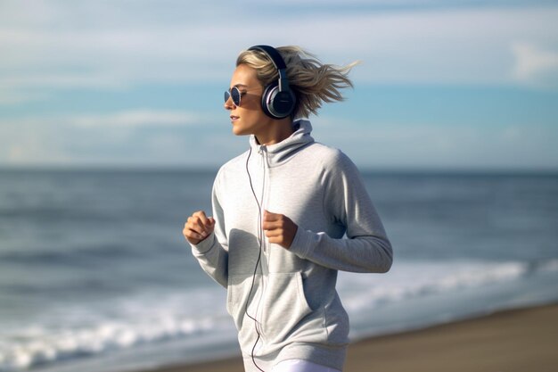 Photo woman jogging while listening music at beach against sky