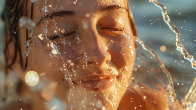 A woman joyfully embraces a splash of water on her face eyes closed bathed in warm sunlight capturing a serene refreshing summer moment