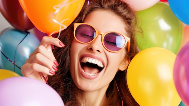 Photo the woman joyfully holds vibrant balloons while laughing surrounded by a cheerful atmosphere filled with bright colors