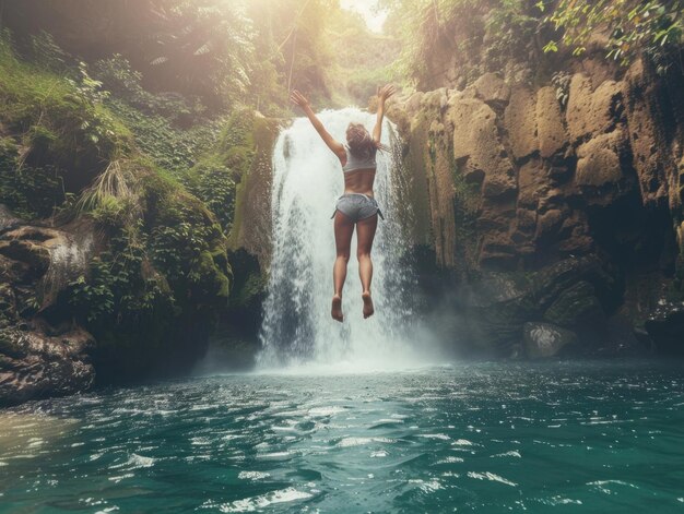 Photo woman joyfully leaping into refreshing water beneath spectacular waterfall surrounded by lush