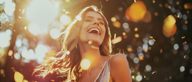 A woman joyously laughing bathed in golden sunlight and falling autumn leaves conveying pure happiness and warmth