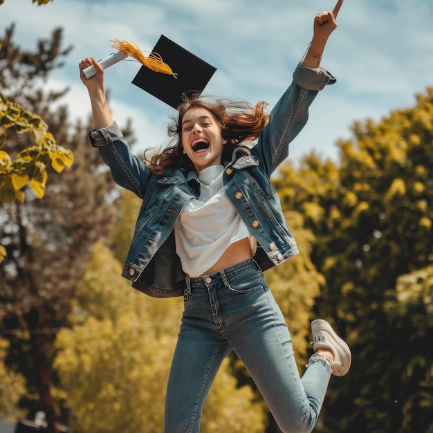 Photo a woman jumping in the air with her arms up in the air