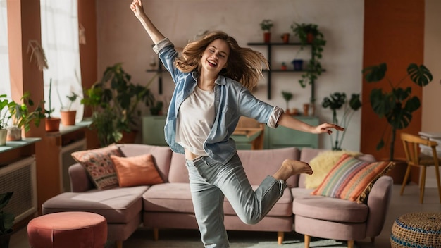 a woman jumping in the air with her arms up in the air