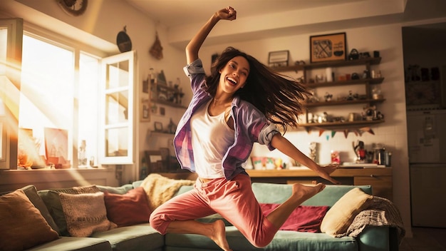 a woman jumping in the air with her arms up in the air