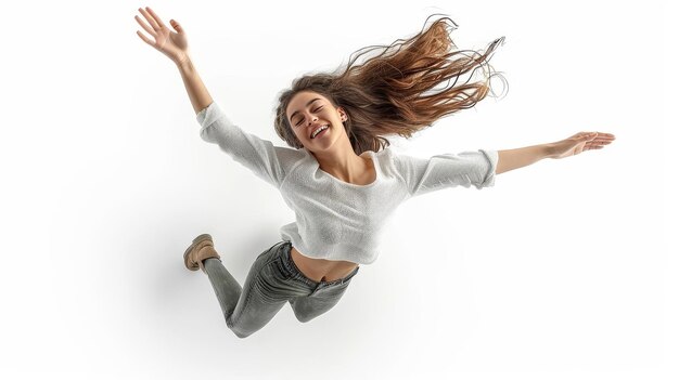 Photo woman jumping in the air with her hair flying