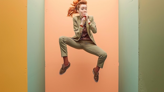 a woman jumping in the air with a picture of a woman in a green suit