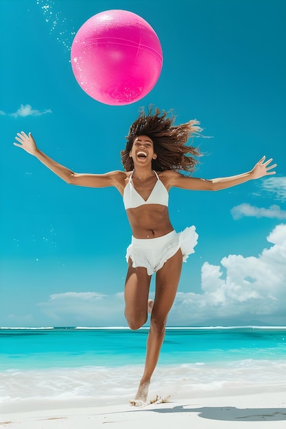 a woman jumping in the air with a pink ball in her hand