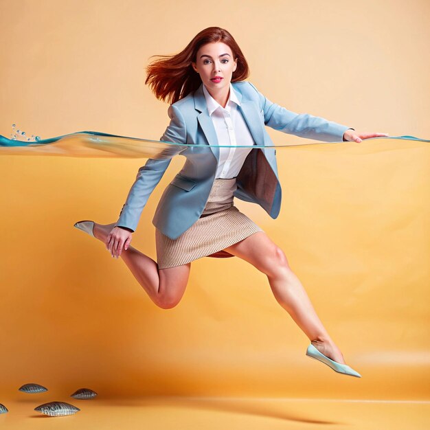 Photo a woman jumping in the air with a splash of water