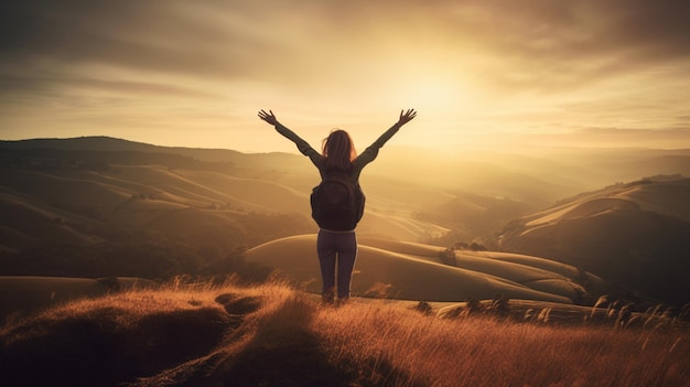 A woman jumping on a beach with the sun setting behind her