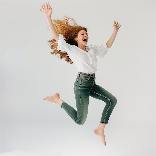 Photo woman jumping high with happy emotion