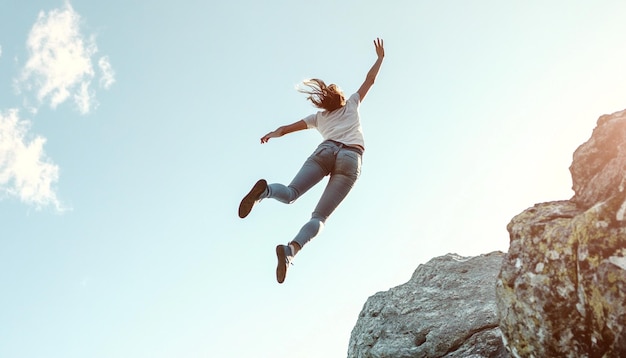 Photo a woman jumping off a cliff with her arms outstretched