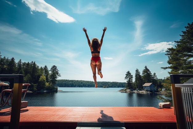 Photo a woman jumping off a trampoline with a lake in the background