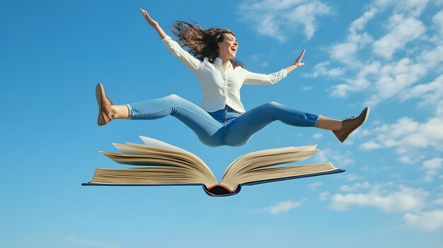 Photo woman jumping over open book in blue sky