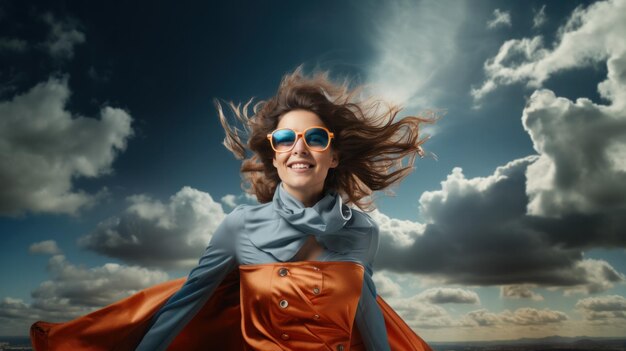 Photo woman jumping with joy under a blue sky