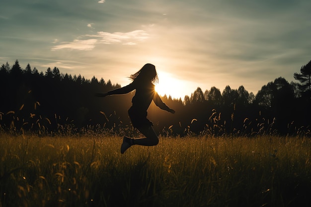 A woman jumps in a field with the sun setting behind her.