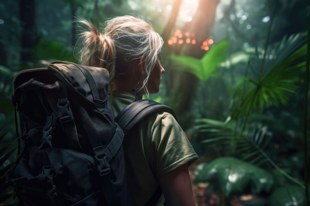 A woman in a jungle with a backpack