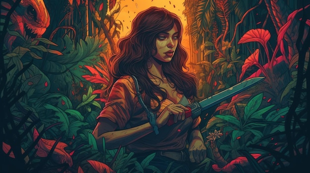 A woman in a jungle with a large sword in her hand.