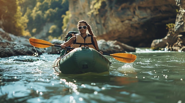 Photo a woman in a kayak with a kayak in the water