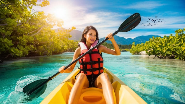 Photo a woman in a kayak with a paddle that says  kayaker