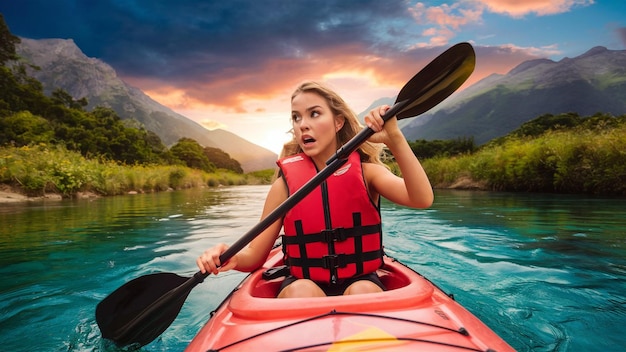 Photo a woman in a kayak with a red life jacket on