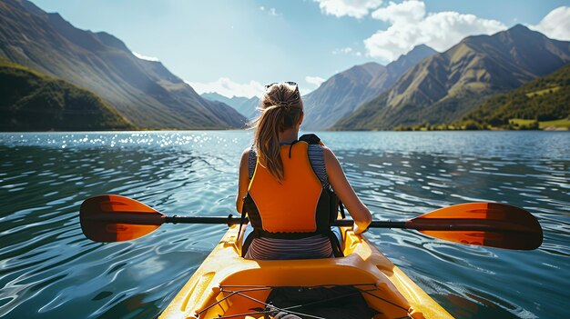 Photo woman kayaking on a lake with mountain views