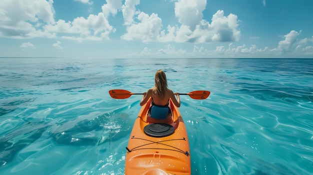 Woman kayaking in the ocean on vacation