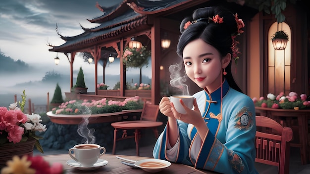 a woman in a kimono is holding a tea cup and a tea cup