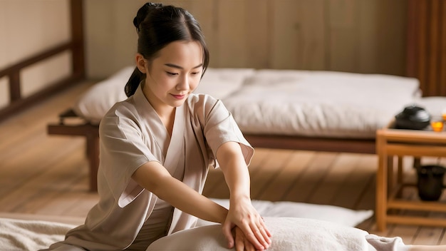 a woman in a kimono is sitting on a bed with a white cloth