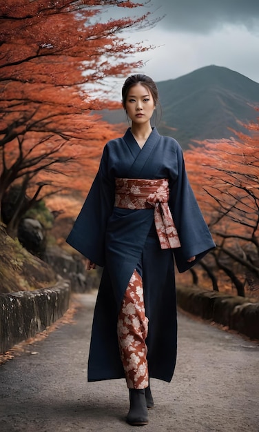 a woman in a kimono is standing on a path with a tree in the background