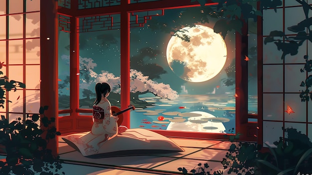 Woman in Kimono Playing Music by the Window with a Full Moon View