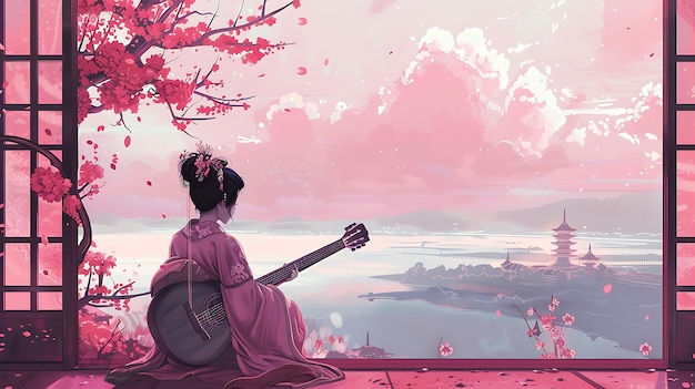 Woman in Kimono Plays Guitar and Looks Out Window at Japanese Landscape with Cherry Blossoms