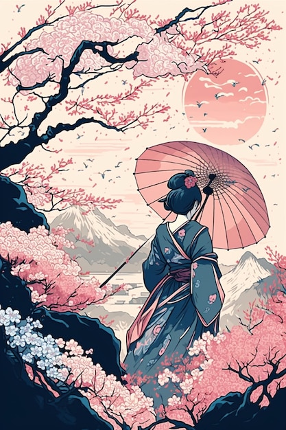 A woman in a kimono stands in front of a mountain with a pink umbrella.