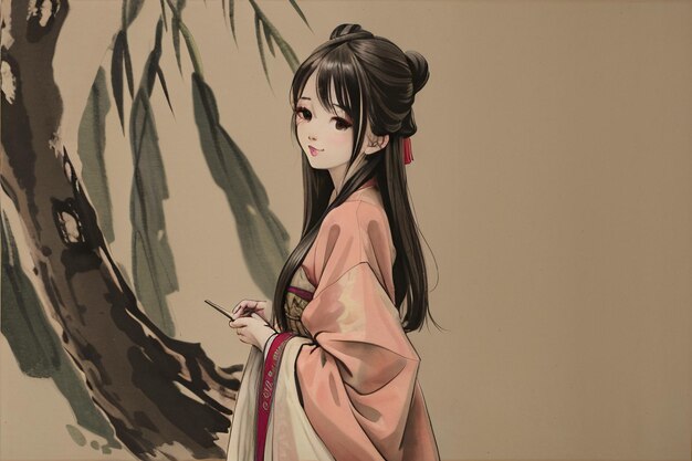 A woman in a kimono stands in front of a tree.