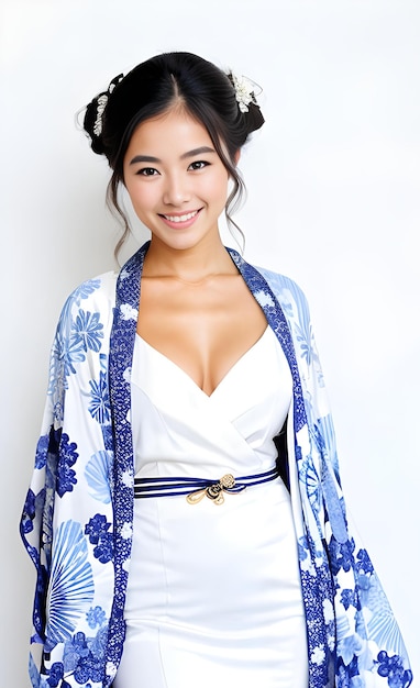 a woman in a kimono with a blue and white kimono