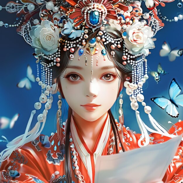 a woman in a kimono with a butterfly on her head