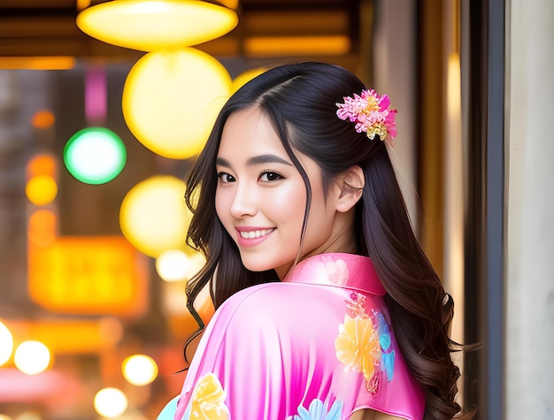 Photo a woman in a kimono with a flower in her hair