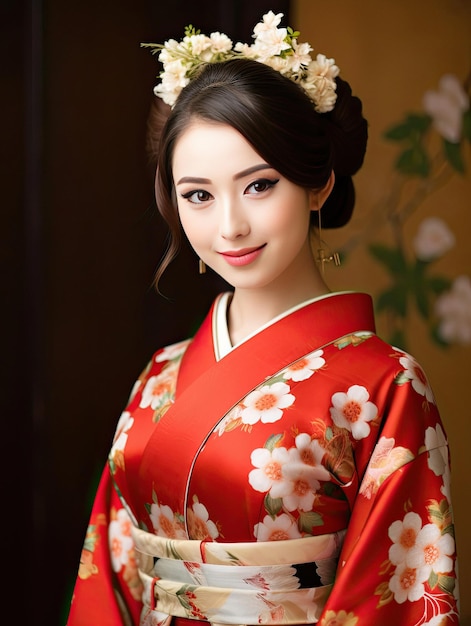 A woman in a kimono with flowers on her hair