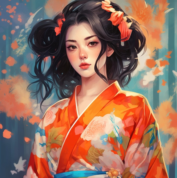 A woman in a kimono with flowers on her hair