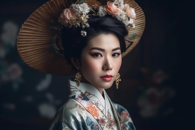 A woman in a kimono with flowers on her head stands in a dark room.