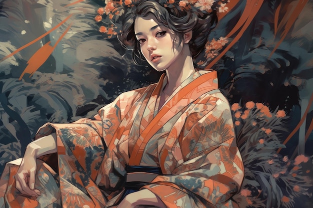 A woman in a kimono with flowers on her head