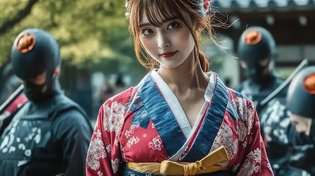 Photo a woman in a kimono with a red bow on her head