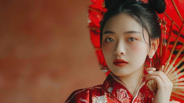 a woman in a kimono with a red flower on her head