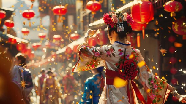 Photo a woman in a kimono with red lanterns in the background