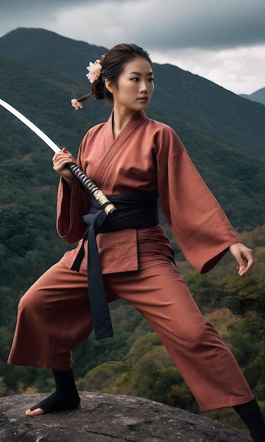 a woman in a kimono with a sword in her hand