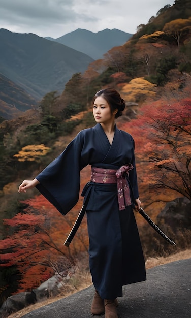 a woman in a kimono with a sword in her hand