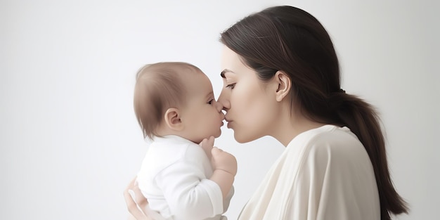 A woman kisses a baby on a white background.