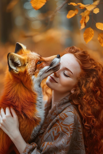 Photo woman kisses a fox in the autumn forest selective focus