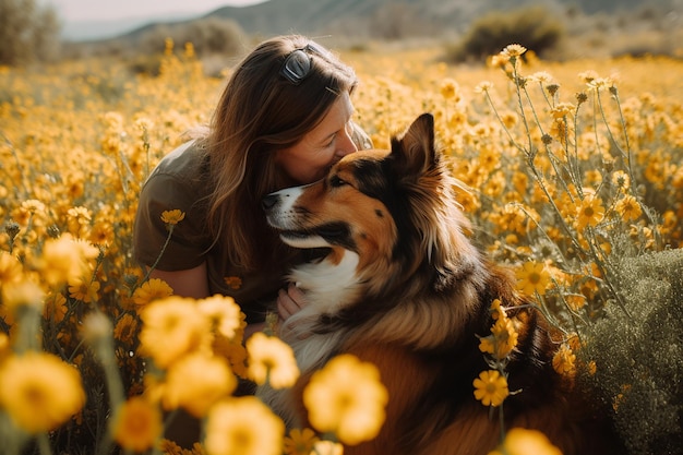 A woman kissing a dog in a field of flowers